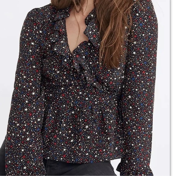 Madewell Silk Top Womens Size Small Black Star Print Wrap Tie Blouse - Picture 1 of 9